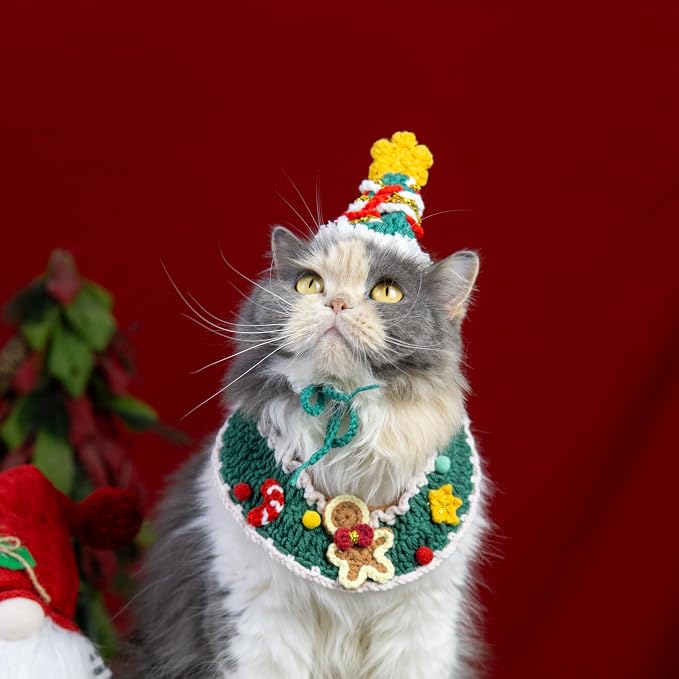 Christmas Dog Costume,Handmade Cat Holiday Outfit with Christmas Tree Hat & Gingerbread Man Scarf Set,Adjustable,Lightweight & Breathable Pet Accessories for Rabbit Xmas Party & Photos