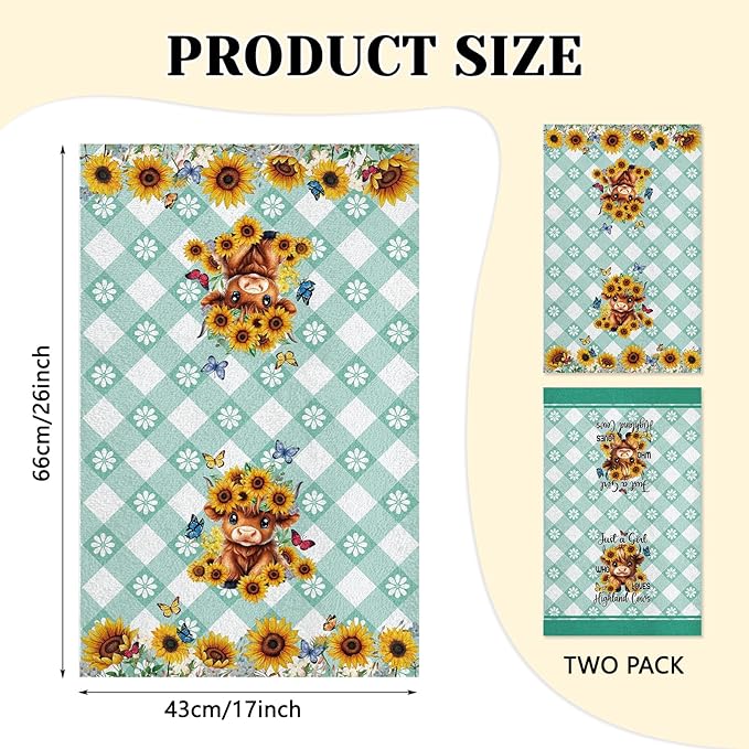 Highland Cow Kitchen Towels Set of 2 - Absorbent Dish Towels for Kitchen Drying, 17x26 Inch Farmhouse Western Cow Dish Towels Sunflower Plaid Design, Housewarming Gifts for Women Cows Lovers