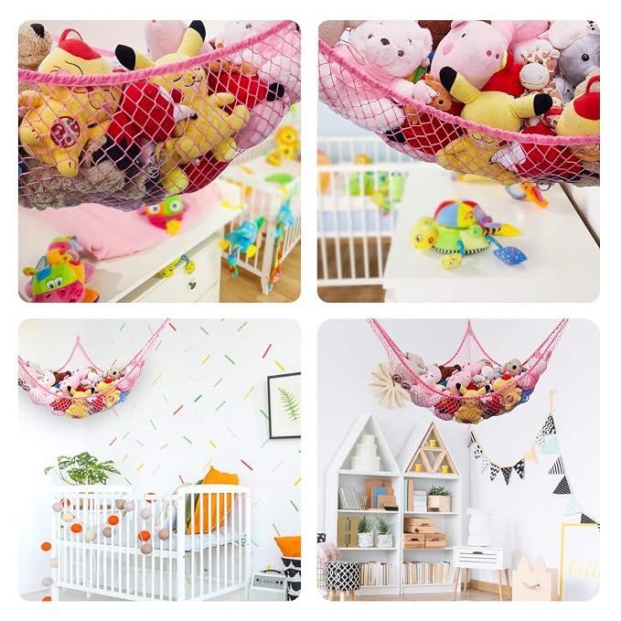 Stuffed Animal Hammock, Toy Hammock Net, LXUNYI Wall Corner Mesh Toy Net Giant Baby Kids Children Stuff animals Hammocks Storage Hanging Net Organizer (Rose, 84 inch)