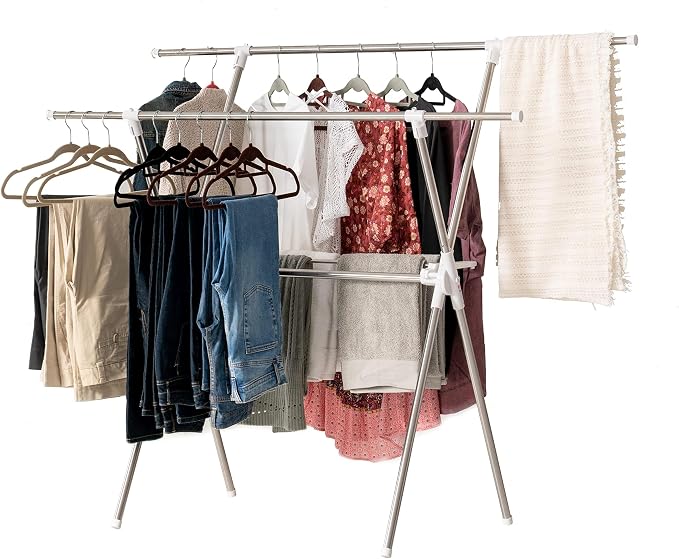 IRIS USA Foldable Drying Rack with Extendable Rods for Large Laundry Loads, Clothes Drying Rack, Freestanding Foldable Laundry Rack, Anti-Skid Feet, Portable and Storable, Silver | Expands drying space for laundry with adjustable rods and foldable conv...