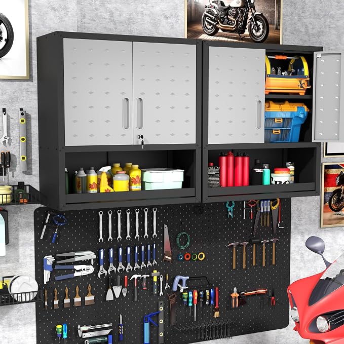 Metal Storage Cabinet for Garage, Tool Cabinet, Utility Cabinet | Wall Mounted, Hanging Tool Cabinet, Lockable, 2 Doors, Open Storage Compartment, Assembly Required, Black & Grey