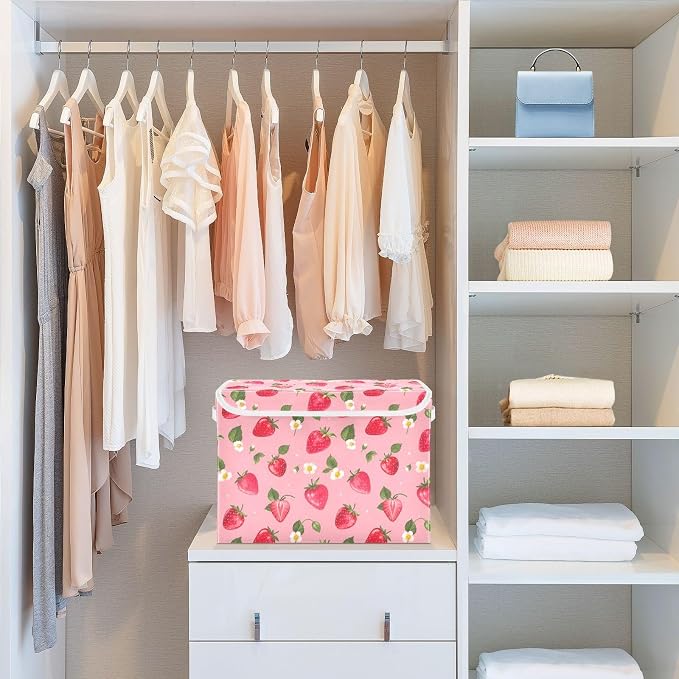 Storage Bins with Lid Strawberry Daisy Foldable Storage Boxes 40L Baskets | Decorative Storage Boxes, 300D Oxford Cloth, Hollow Board Frame, Flip Top Velcro Lid, 16.5x12.6x11.8 inch, Collapsible Design