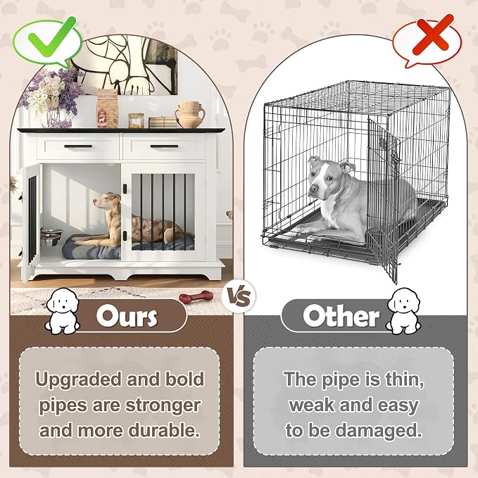 44.48" Large Dog Crate, 3-in-1 Wooden Dogs Crate End Table TV Stand Furniture with 2 Storage Drawers and Rotating Bowls, Decorative Pet House Dog Crates for Small/Medium Dogs, White+Black