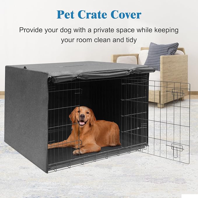Deblue Indoor Grey Dog Crate Cover for 48 Inches Wire Crate | Sturdy Polyester Pet Kennel Covers Universal Fit for 1 2 Doors Metal Crate (Grey)