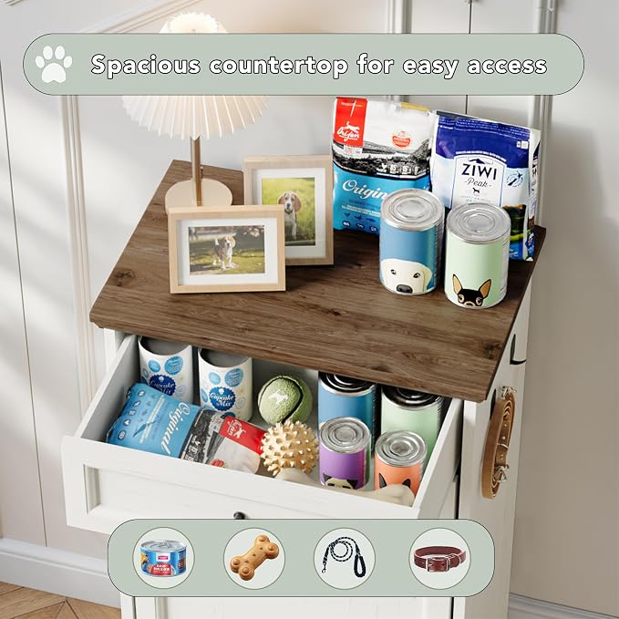 FIMELLO Dog Feeding Station, Tilt-Out Dog Food Storage Cabinet with Drawer,Pet Feeder Cabinet,White Grain
