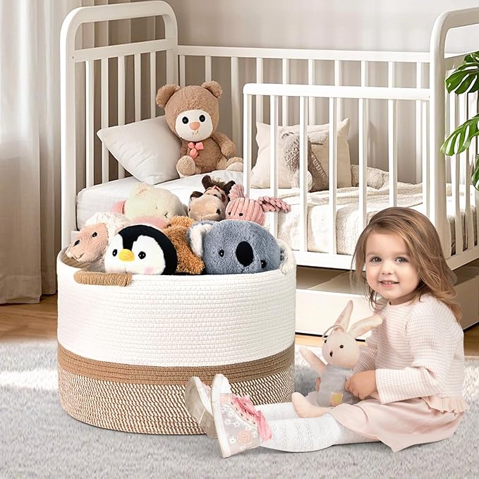45L Blanket Basket, 17.5"x11.5" Woven Storage Baskets With Handle, Cotton Rope Blanket Basket Living Room, Baby Laundry Basket for Blanket, Nursery, Toy, Pillow (White & Brown)