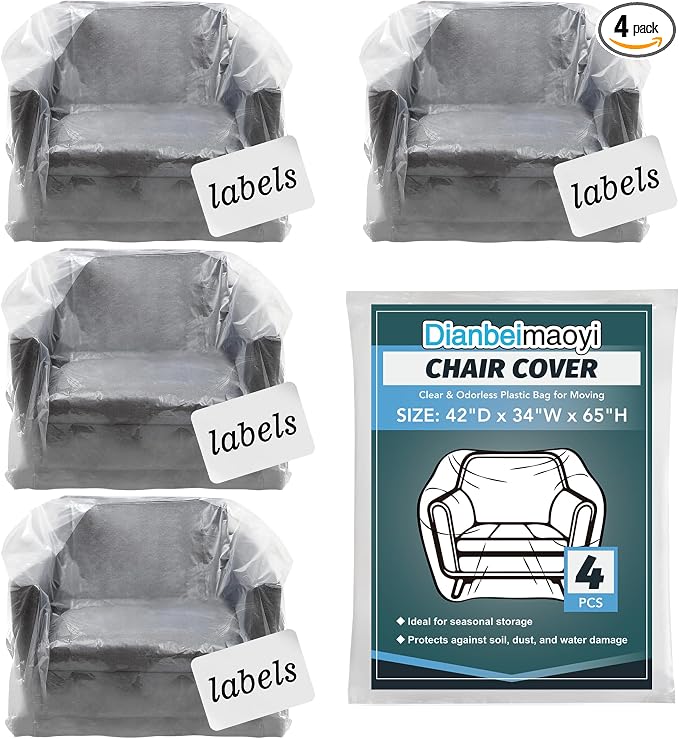 4 Pack Clear Plastic Moving Chair Furniture Covers for Storage | Extra Large 65x 42 x 34 Inch, Waterproof and Dust Proof With Label For Storage and Moving