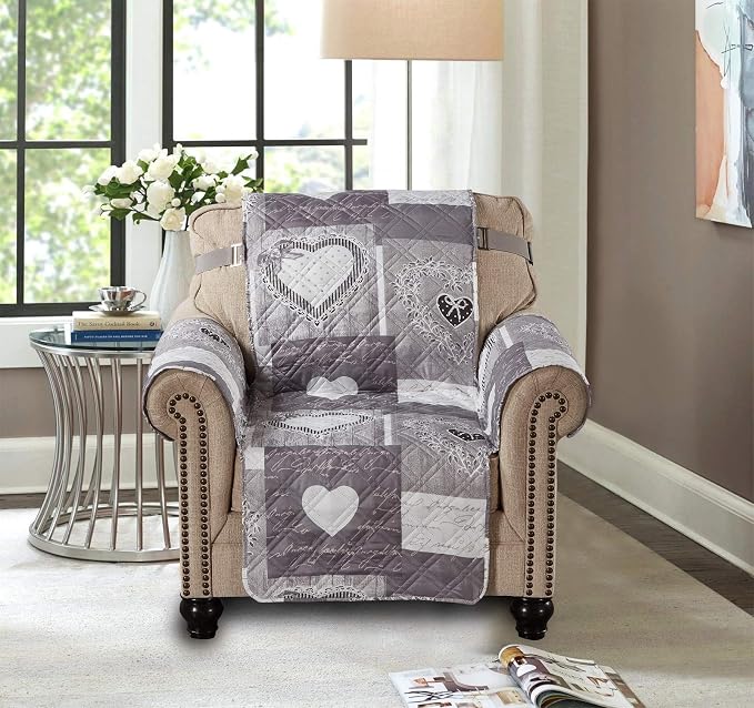 Brilliant Sunshine Grey Heart Love Patchwork Quilted Chair Slipcover, 23" Seat Width, Slip Resistant Furniture Protector, 2" Strap, Washable Armchair Cover for Pets, Kids, Dogs, Cats, Grey | Quilted Sofa Cover, Living Room & Bedroom Furniture Protector...