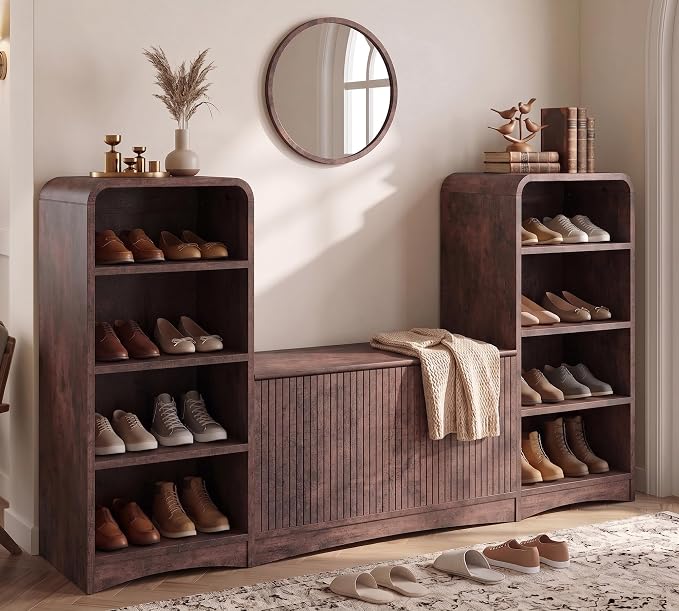 U-Shaped Shoe Cabinet Bench with Flip-Open Box & Shelf, Walnut | 63" W Lift-Top Storage Wooden Bench for Entryway, Living Room, Hallway