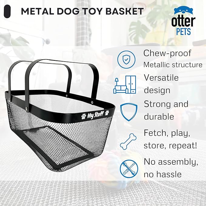 OtterPets Dog Toy Basket, Metal Dog Toy Bin, Chew Proof, Black 16x9.5”