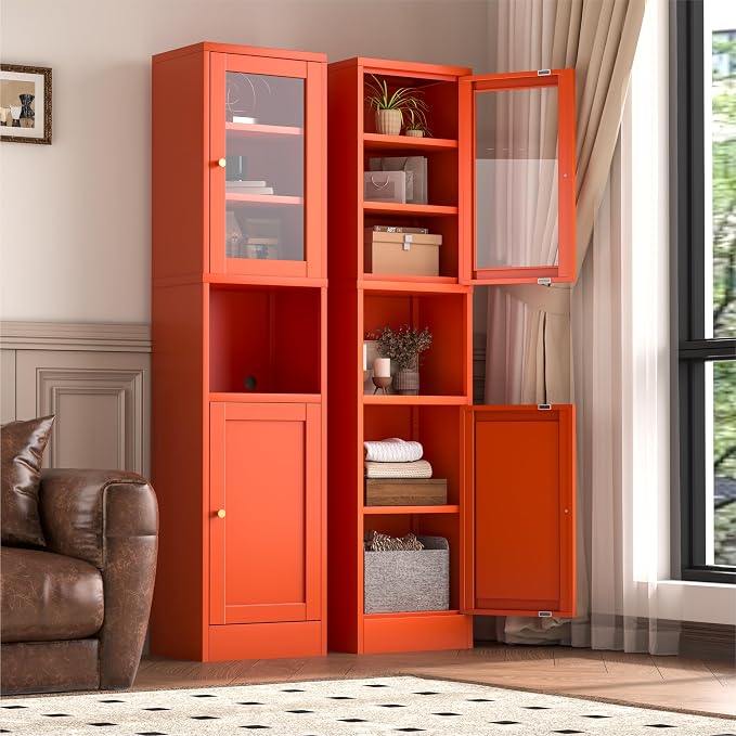 YAUWOH 2-Door Metal Storage Cabinet, Tall Slim Pantry Organizer with 3 Adjustable Shelves (120LBS/Shelf), Anti-Tipping Waterproof Cabinet for Bathroom/Kitchen/Home Office/Small Spaces,(1PC,Orange)