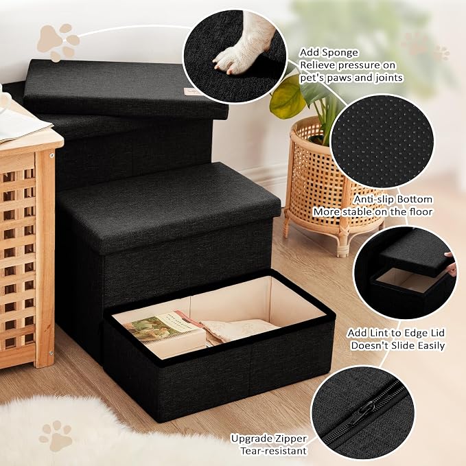 Love's cabin Dog Stairs for High Bed, Foldable Pet Stairs for Small Medium or Large Dogs Puppy with Storage for Bed or Couch, Cat Dog Steps Ramp with Zip up to 200 lbs, Black, 3 Steps
