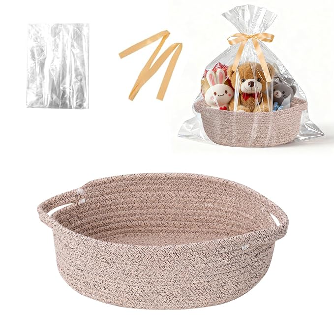Basket for Gifts Empty, Small Woven Basket with Bags and Ribbons, Baby Toy Baskets with Handles, Wicker Storage Bin for Baby Showers or Pet Toy (Brown, 1 Pack (12"x 8"x 3.74"))