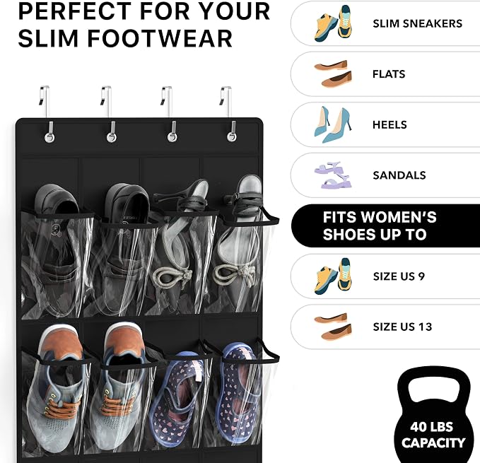 Simple Houseware 24 Pockets Clear Over the Door Shoe Organizer, Black | 64" x 19", 4 Durable Metal Hooks, 4.3" x 9.5" Pocket Size, Multipurpose