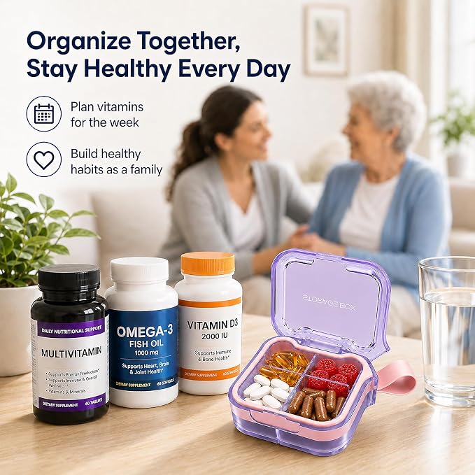 Travel Pill Organizer with Silicone Carry Loop, Portable Medicine Case | 4 Compartments Compact Pill Box for Vitamins Supplements Daily Medications, Purse Backpack Office