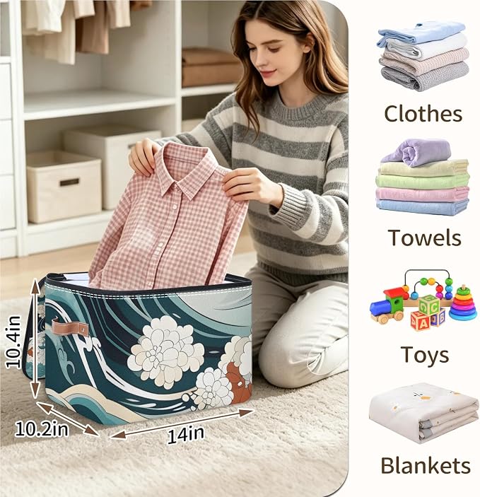 Japanese Waves Vintage Foldable Storage Bin with Lid Zipper | Closet Shelf Organizer, Boxes, Basket Containers for Home, Lidded Storage Cube for Bedroom, Waterproof, with Handles