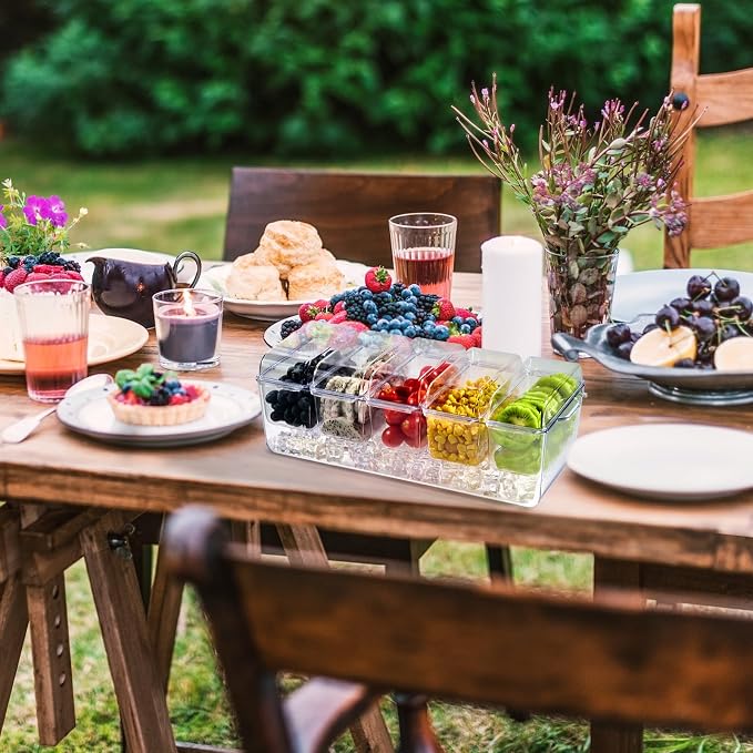 Chilled Garnish Tray with 5 Small Removable Containers and Compartments | Ice Chilled Condiment Organizer Server, Clear Garnish Serving Platter for Fruit, Salad, Food, Outdoor Events, Picnics