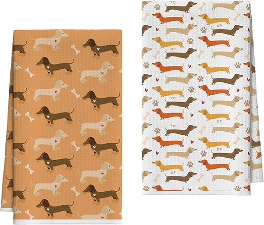 Kitchen Towels Set of 2, Filled with Dachshund Dish Towel for Kitchen, Decorative Hand Towels for Bathroom, Fast Drying Tea Towel, Housewarming Gifts for Wiener Dog Lover Women Mom -B04
