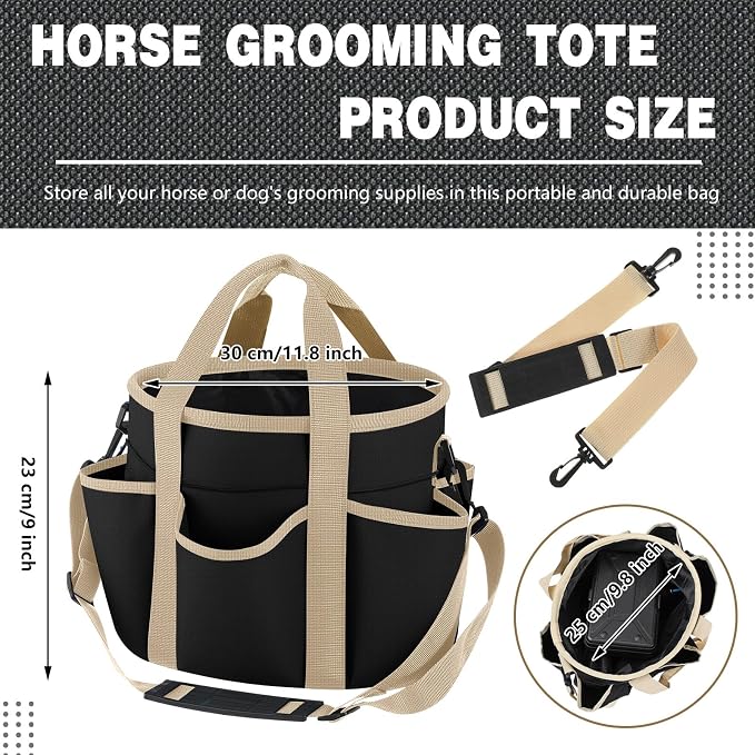 Abbylike Grooming Tote,Stylish,10.63 x 10.63 x 9.45 Inch,Khaki and Black | Tote Bag for Horses and Dogs, Organize Tack Tools Equestrian Grooming Kit, Care Portable with Multiple Pockets for Supplies