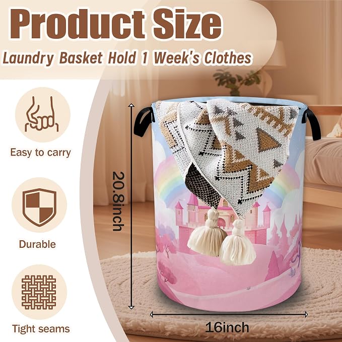 Pink Castle Laundry Basket,Waterproof Foldable Rainbow Laundry Hamper,Dirty Clothes Laundry Basket,Linen Bin Storage Organizer Collection 16" x 20.8"