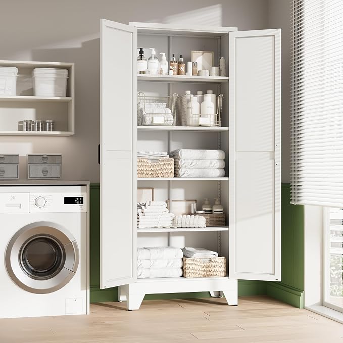 75" H Metal Storage Cabinet with 2 Doors and 4 Shelves,Tall Kitchen Pantry Cabinets,Farmhouse Utility Pantry Organizers for Cupboard/Dining/Bathroom/Home Office/Garage,White