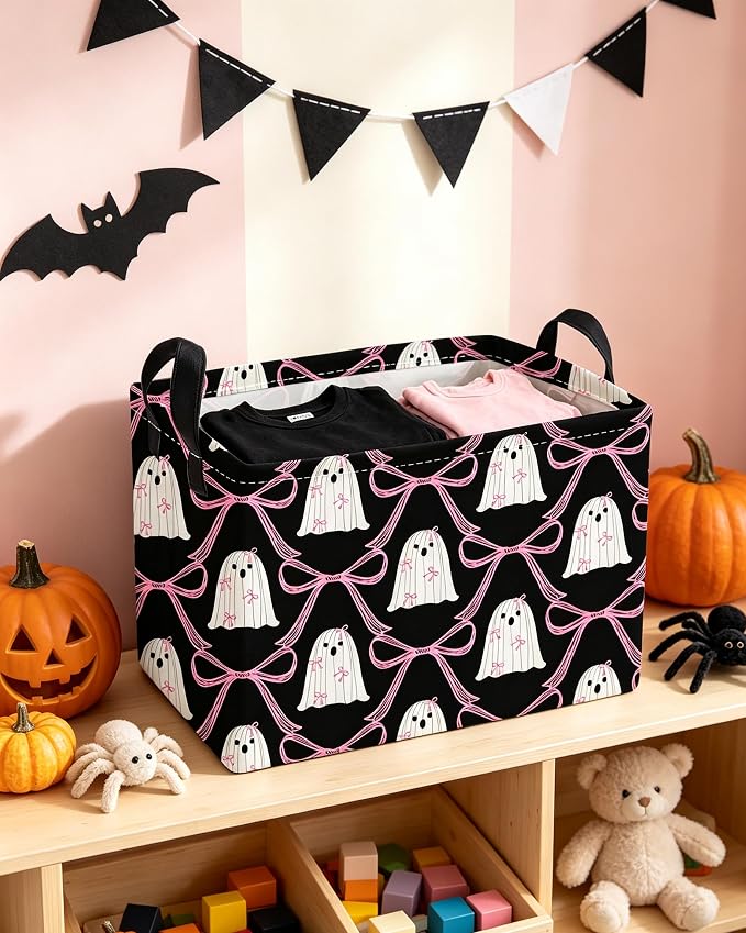 Essme Rectangular Halloween Basket,Ghost Storage Bins Organizer with Handles for Room Decor, Gift Basket,Shelf Basket.(Bow Ghost)