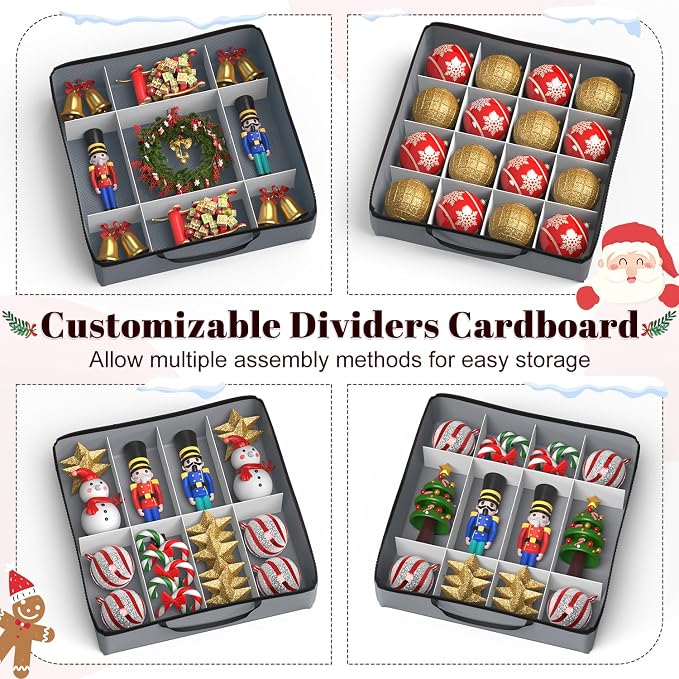 Keten Large Christmas Ornament Storage Boxes with Adjustable Dividers | Stores up to 128 Holiday Ornaments 3-Inch, 8 Individual Trays with Handles,48 Dividers, Zippered Lid, 600D Oxford (Grey)