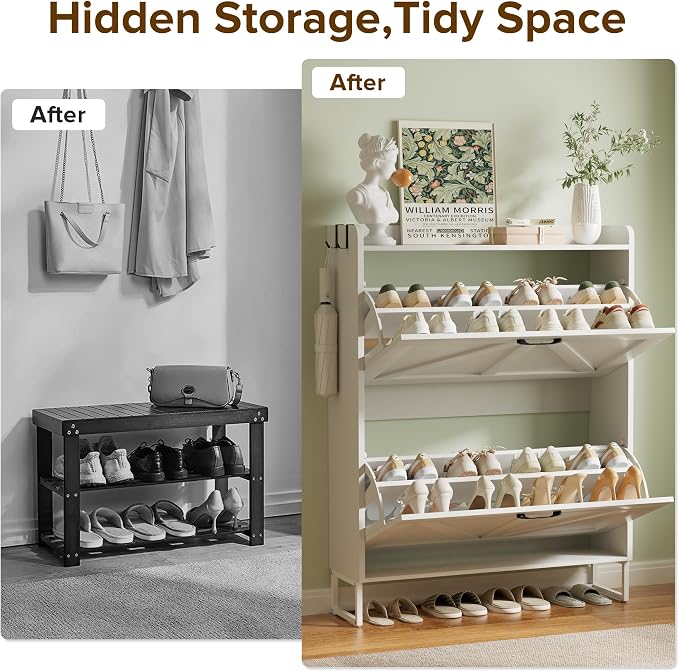 Urban Deco Shoe Storage Cabinet for Entryway, 2 Flip Drawers Shoe Organizer, Elegant 2-Tier Freestanding Shoe Cabinet with Anti-Tipping Design (White)
