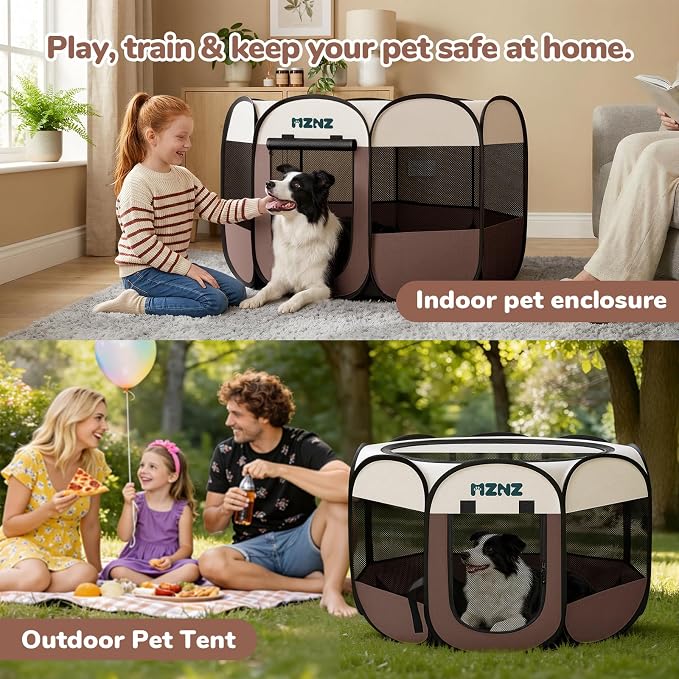 Dog Cat Small Animal Puppy Playpen Crate, Large, Brown | Portable Pop Up Pet Cage Enclosure Tent Kennel Indoor Outdoor with Carrying Case, No Assembly, Camping Use