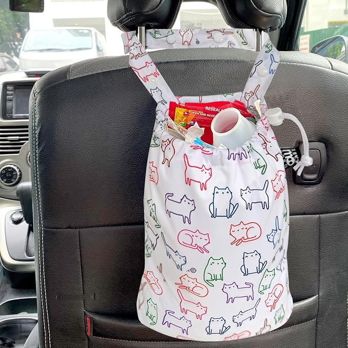 Waterproof Car Trash Bag Reusable Portable Garbage Can with Drawstring Top Adjustable Hanging Strap Leakproof & Washable for Cars SUVs & Trucks (White Cats)