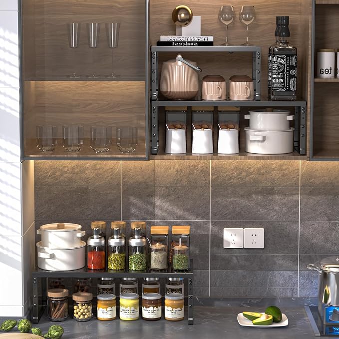 Cabinet Shelf,Expandable Adjustable Stackable Kitchen Organizer,for cabinets, Kitchens, countertops, bathrooms Shelf Organizer(3Packs/Black,Large)