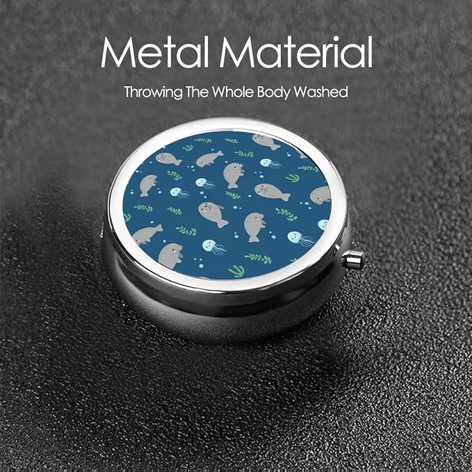 Small Travel Pill Box, Manatee Underwater Round Metal Organizer, 3-Compartment Case for Fish Oil, Pocket Purse Dispenser for Vacation