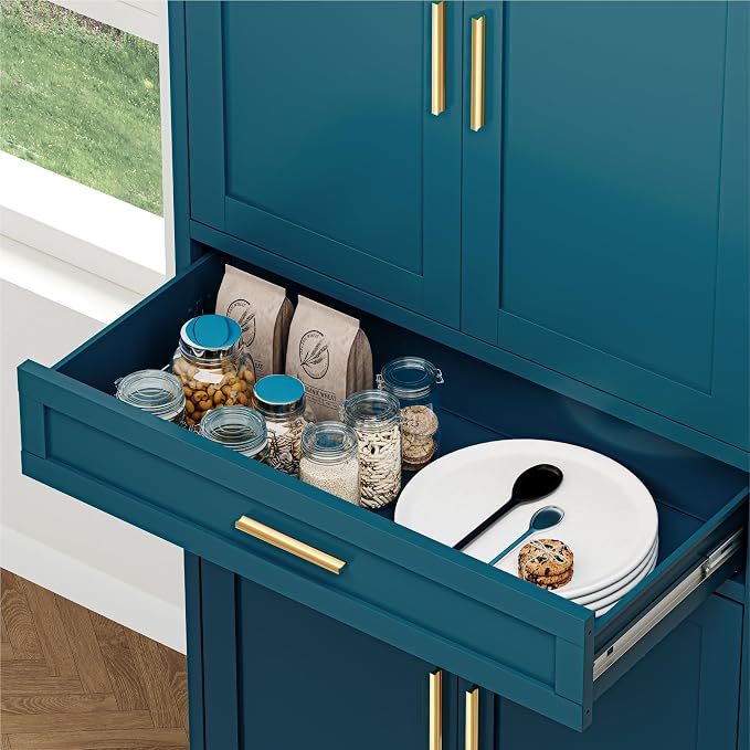 YAUWOH 71''Tall Kitchen Pantry Cabinet with Drawer,6-Tiers Metal Pantry Storage Cabinet with 4 Adjustable Shelves and 4 Barn Doors, Freestanding Farmhouse Food Cupboard for Dining Room (1PC,Blue)