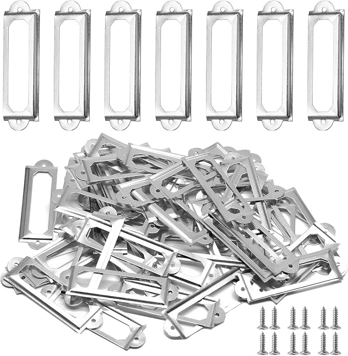 50 PCS Metal Label Holders 60x17mm Silver with Screws | Iron Nickel-Plated Rust-Proof, 60x17mm Fits 44x10mm Label, Screws Included, For Cabinet Drawer File Box