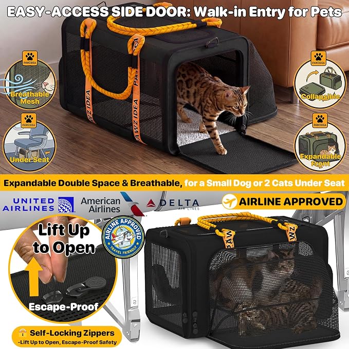 PAWZIDEA Expandable Pet Carrier with Wheels, TSA Airline Approved, Up 18lbs | 18x11x11 Underseat, Rolling Soft-Sided Carrier for Large Cats & Small Dog Travel Bag, Self-Locking Zippers, Telescopic Handle