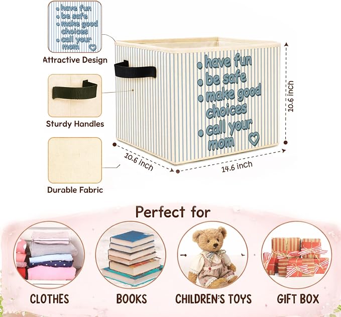 Have Fun Be Safe Storage Bin, Blue White Stripe Fabric Basket Organizer | Foldable collapsible fabric organizer for dorm room, bedroom, classroom, playroom, toys, books, clothes