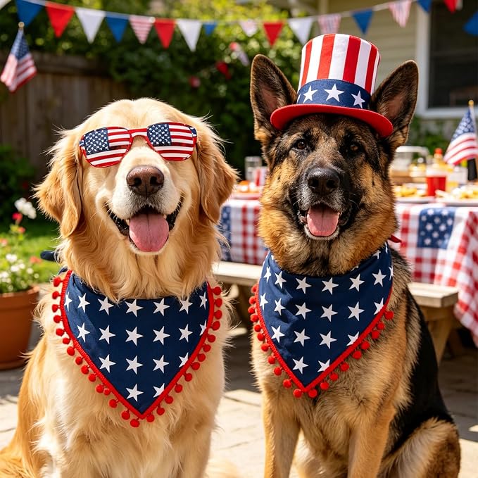 4th of July Dog Bandana, American Flag Star Pattern Holiday Triangle Scarf, Adjustable Snap Button Patriotic Neckwear for Large Breeds (30-75lbs)