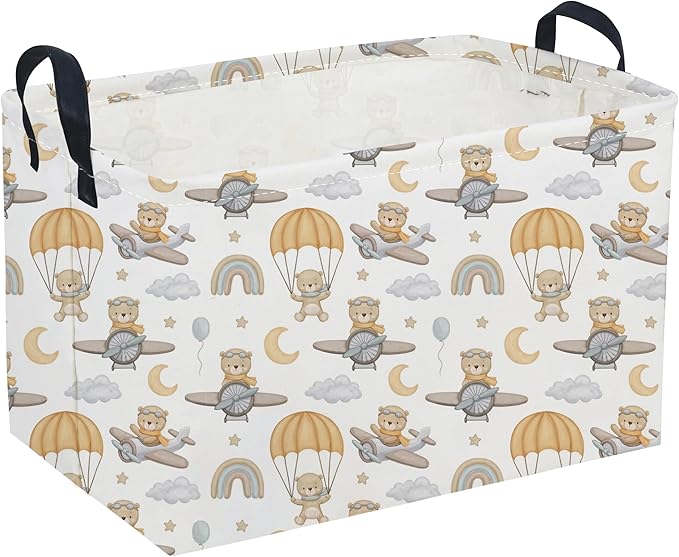 Sanjiaofeng Rectangular Kids Basket Bear Storage Bins,Cute Storage Basket with Handles.Clothers,Books,Kid's Gifts Bins. (Airplane Bear)
