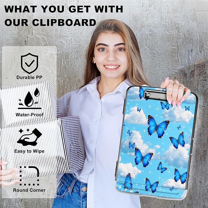 A4 Clipboard with Storage Pen Holder, Clipboards Organizer Nursing Clipboard Foldable File Folder Plastic Clipboard Folio Clip Board for Office Classroom Doctor, Blue Butterfly White Cloud