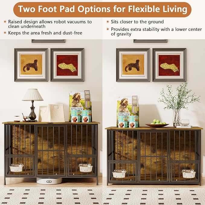Hadulcet 41'' Foldable Dog Crate Furniture, Large Dog Kennel with 2 Bowls | Wooden Crate Table with Storage Top, Furniture Style Indoor Kennel for Small to Large Dogs with Rotating Food Door, Brown
