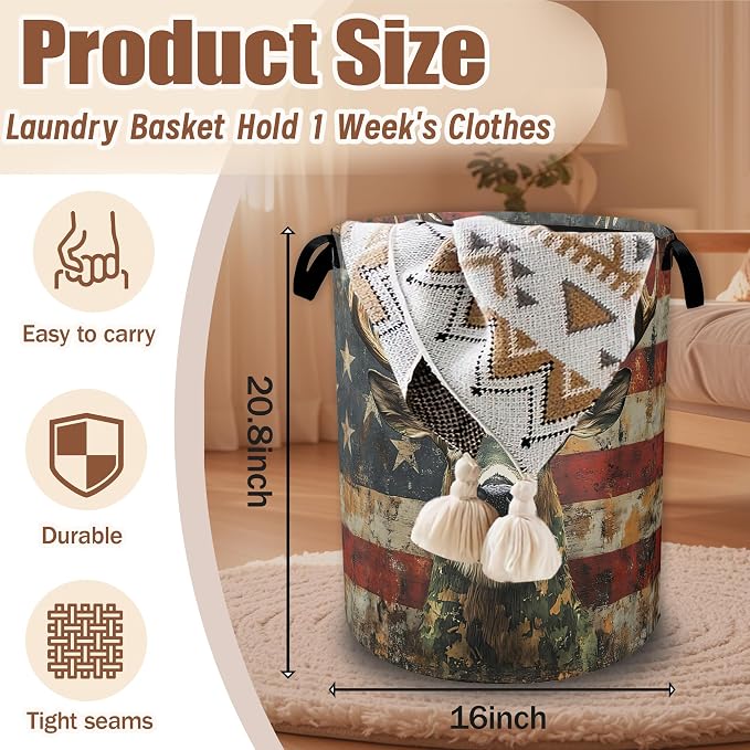American Flag Laundry Basket,Waterproof Foldable Grunge Deer Laundry Hamper,Dirty Clothes Laundry Basket, Linen Bin Storage Organizer Collection 16" x 20.8"