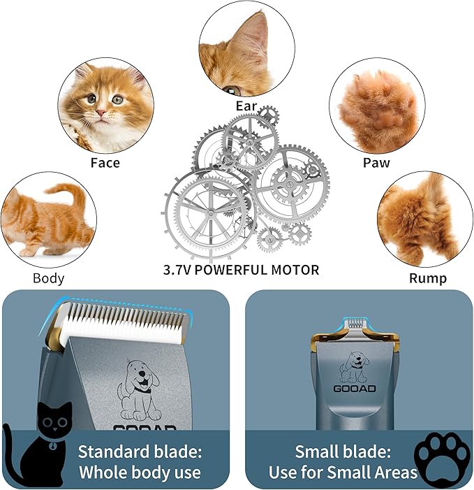 Professional Cat Clippers & Dog Grooming Kit, Cordless Low Noise Clippers for Thick & Matted Coats, Quiet Shaver Hair Trimmer with Paw Trimmer for Pets (Blue)