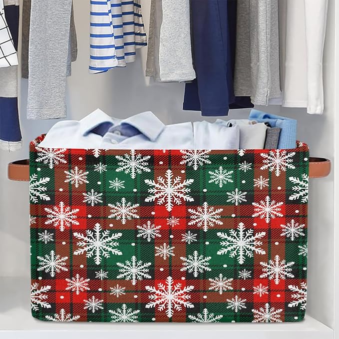 Pardick Christmas Red Green Snowflake Basket Storage Bins Large Fabric Toys Storage Cube Box with Handles Collapsible Closet Shelf Cloth Organizer Basket for Nursery Bedroom Bathroom Holiday Gift