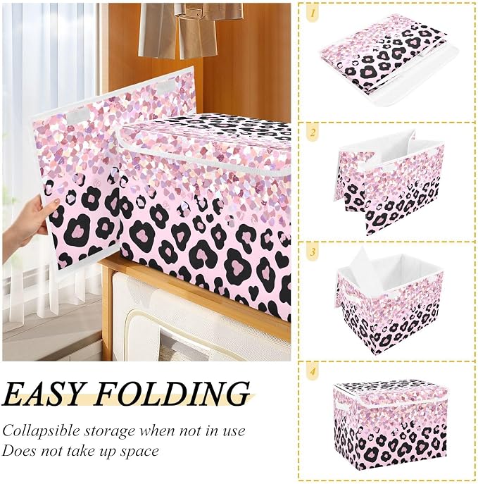 Glitter Leopard Storage Bins with Lids Closet Bedroom 40L Storage Basket | Decorative Storage Boxes, Foldable & Stackable, Dust-Proof Flip Top, Reinforced Handles, For Home & Dorm, Clothes & Toy Box
