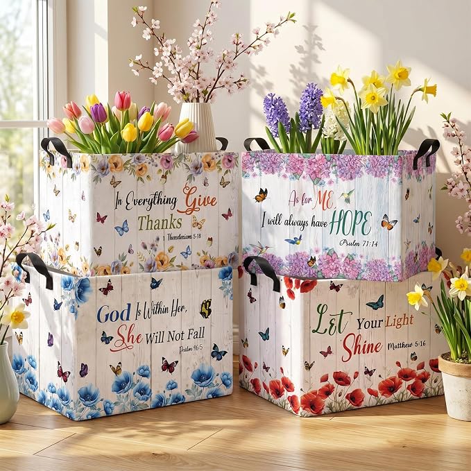 4 Pcs Christian Floral Storage Basket for Gifts Large Bible Verse Butterfly Floral Storage Bins with Handles 15 x 10 x 8 Fabric Inspirational Collapsible Organizer Boxes for Home Clothes Toys