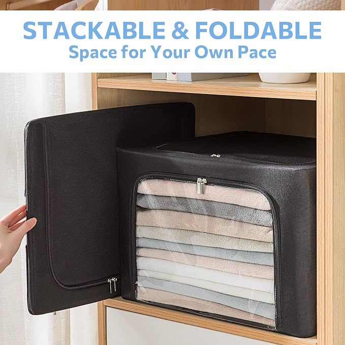 CYhom 3Pack Frame Storage Box - Clothes Storage Bin Bags Oxford Fabric Foldable Stackable Container Organizer Set with Clear Window & Carry Handles (Black, X-Small-36L)