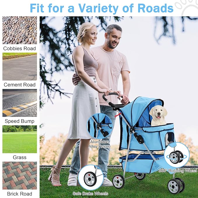 BLKMTY Folding Dog Stroller, 3 Wheels Pet Stroller, Foldable Cat Strollers Waterproof Travel Carrier Strolling Cart for Puppy Jogger with Cup Holder & Storage Basket, Blue
