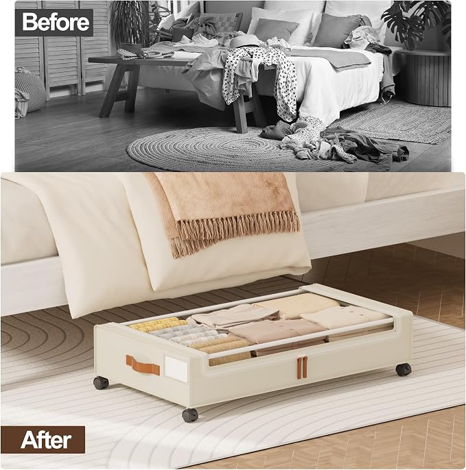 LAMU Under Bed Storage with Wheels, 2Pack Underbed Storage Containers,Beige | Smooth-rolling Wheels, Clear Lid & Label, Sturdy Metal Frame, Easy Install, Rolling Storage Drawers for Clothes, Shoes, Toys