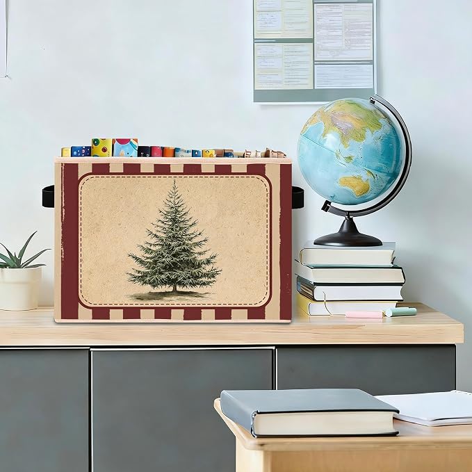 Christmas Tree Stripe Storage Bin, Fabric Organizer | Vintage Christmas tree storage bin with red stripes for toys, books, clothes, blankets, holiday shelves, and closets.