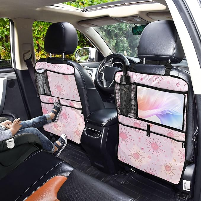 JIPONI Car Backseat Organizer, Pink Suns Automotive Back Seat Protector, Kick Mats with Storage Pockets for Kids Pets, Road Trip Accessories